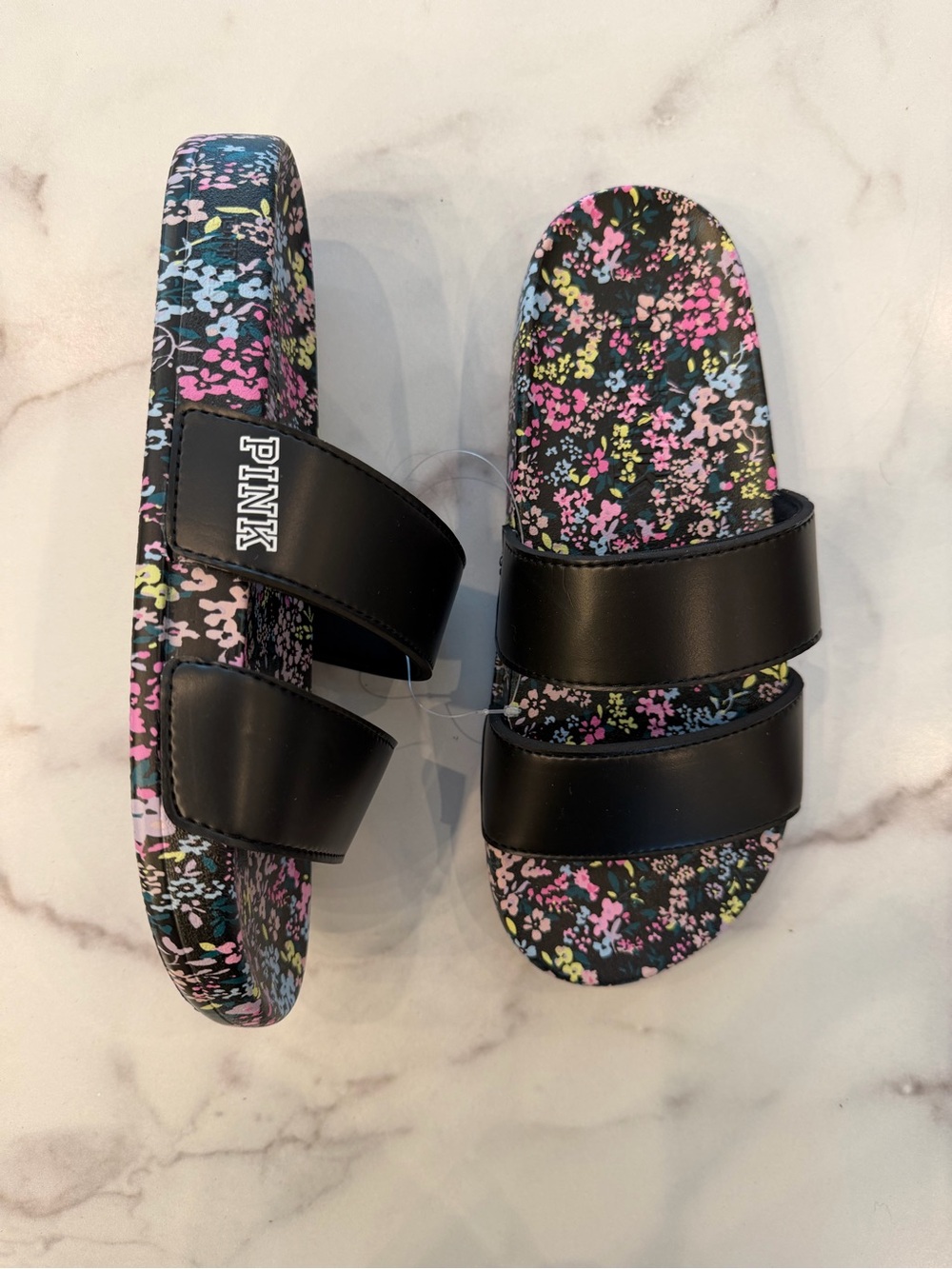 PINK Victoria’s Secret Black Ditsy Floral Print Double Strap Slides